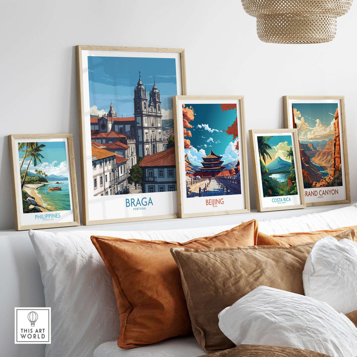 Braga Portugal Art Print | Cathedral City Poster displayed in a stylish interior with other travel art prints.