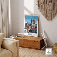 Braga Portugal Art Print | Cathedral City Poster displayed in a stylish living room setting, highlighting Braga's architectural beauty.