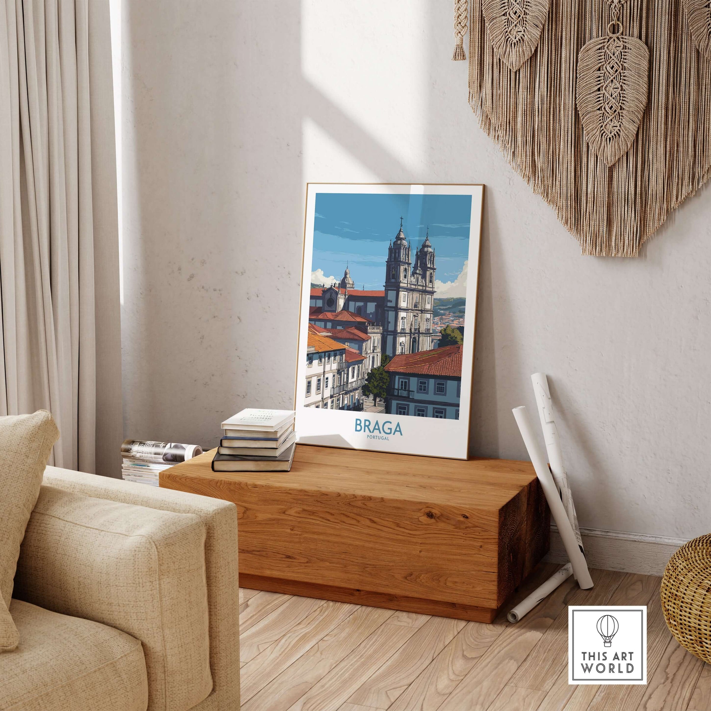 Braga Portugal Art Print | Cathedral City Poster displayed in a stylish living room setting, highlighting Braga's architectural beauty.