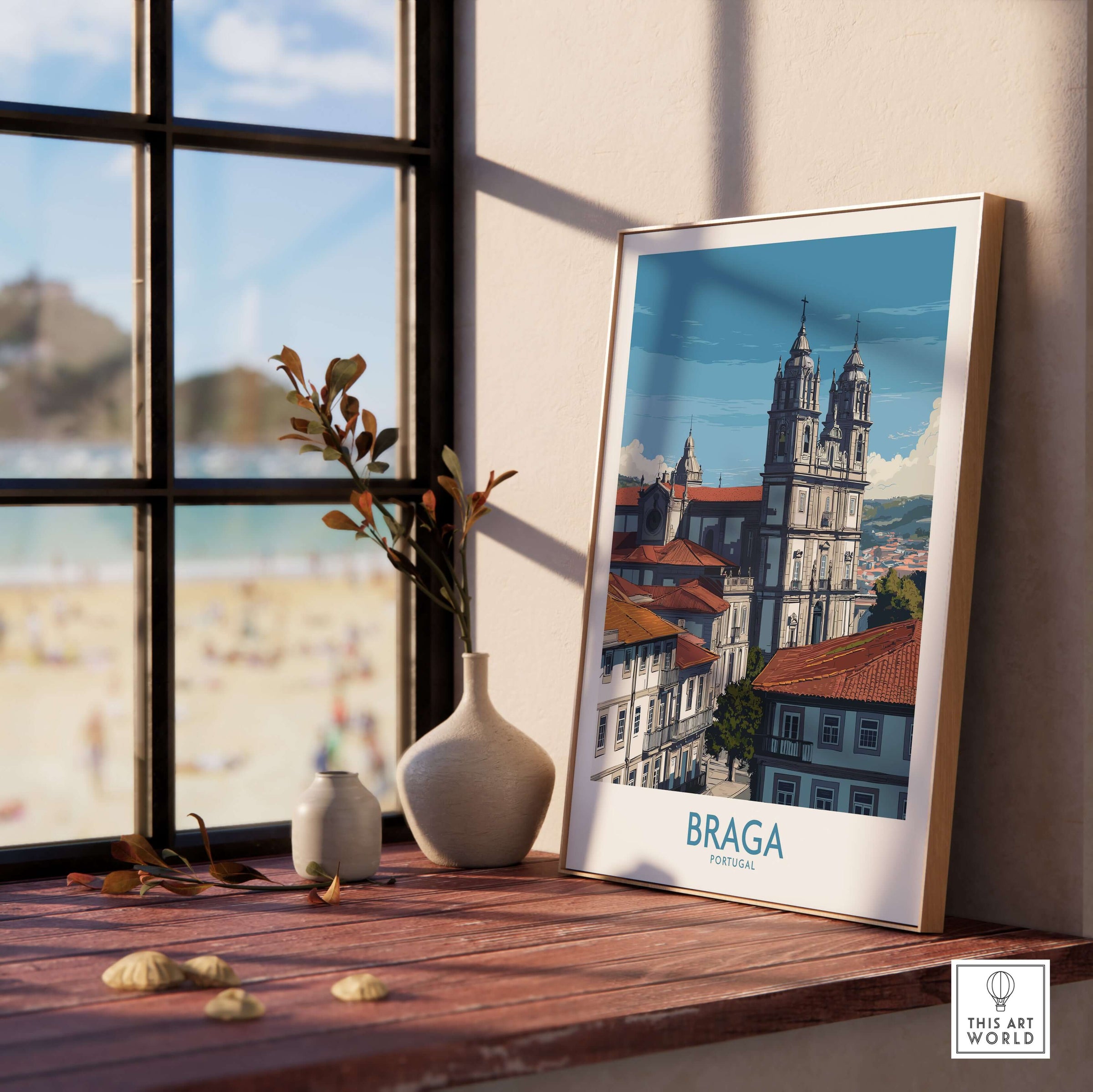 Braga Portugal Art Print | Cathedral City Poster displayed on a table, showcasing Braga's beautiful cathedral.