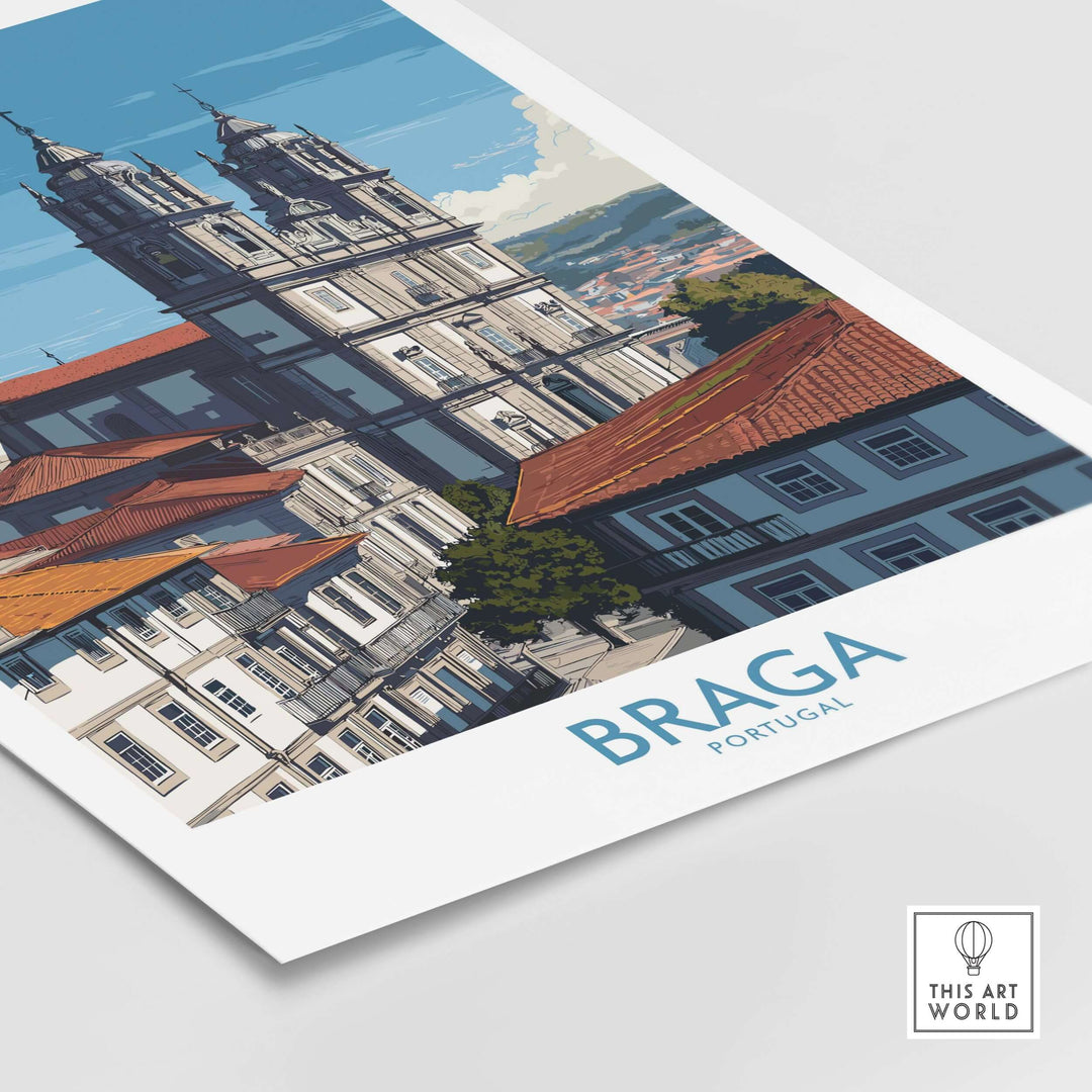 Braga Portugal Art Print | Cathedral City Poster showcasing a detailed skyline view of Braga's architecture.