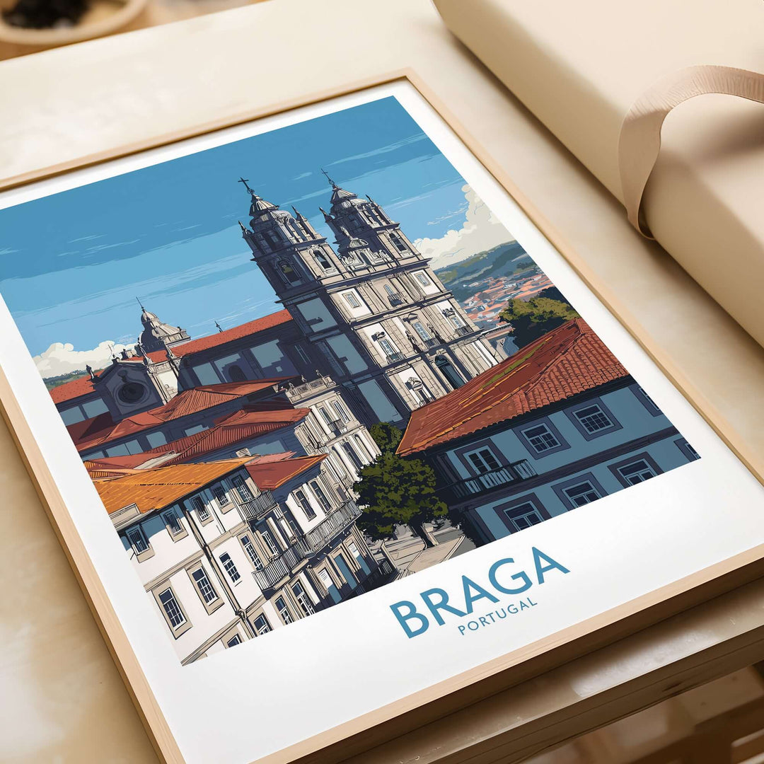 Braga Portugal Art Print | Cathedral City Poster featuring detailed cathedral architecture and picturesque buildings.