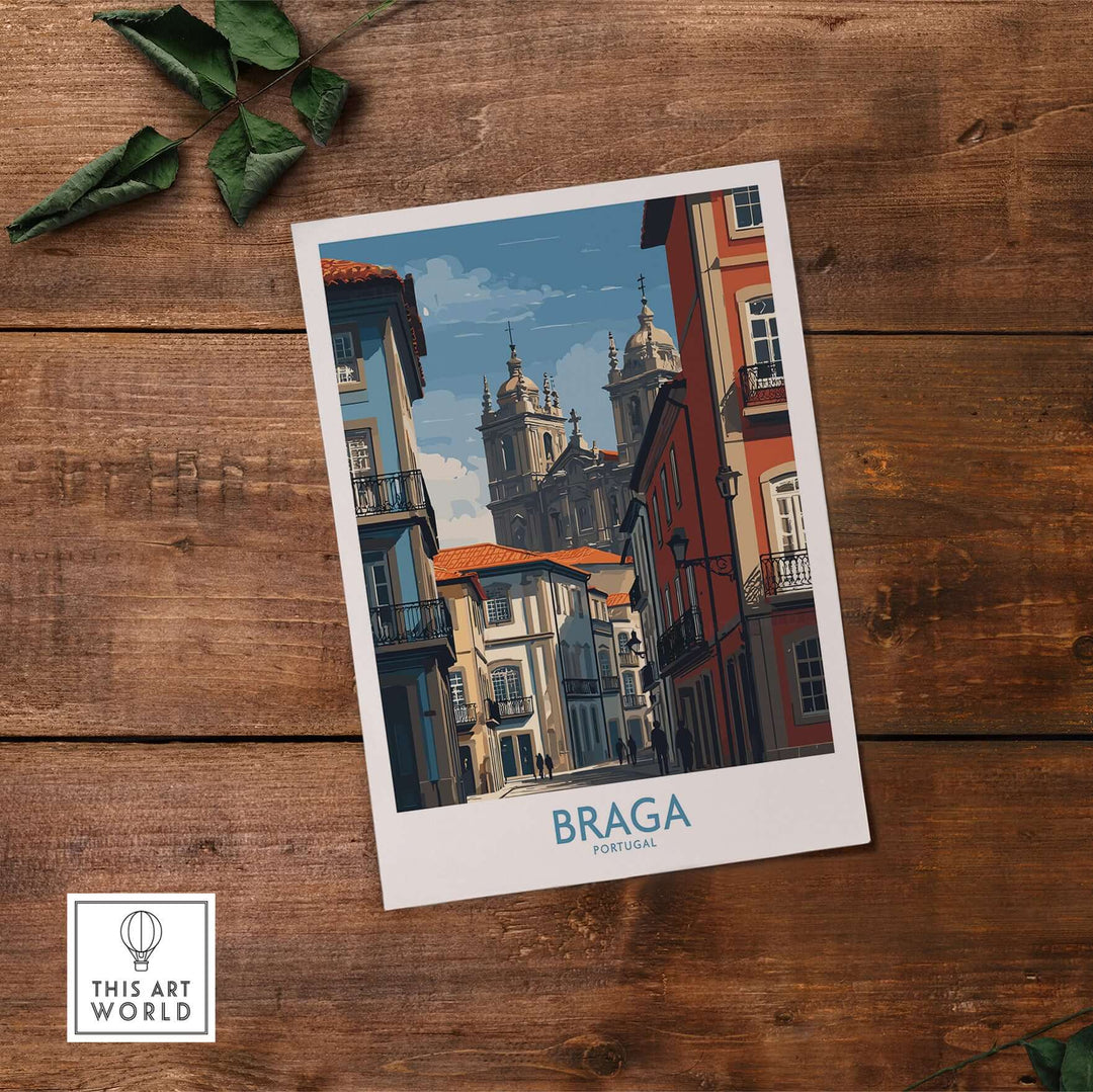 Braga Portugal Cathedral Street View Art Print | Colourful City Poster featuring vibrant architecture and streets in Braga.