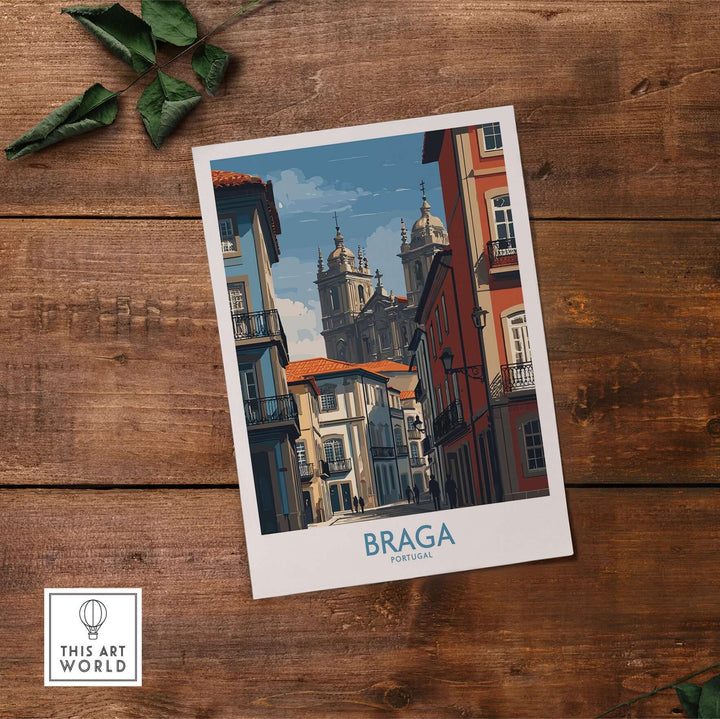 Braga Portugal Cathedral Street View Art Print | Colourful City Poster featuring vibrant architecture and streets in Braga.