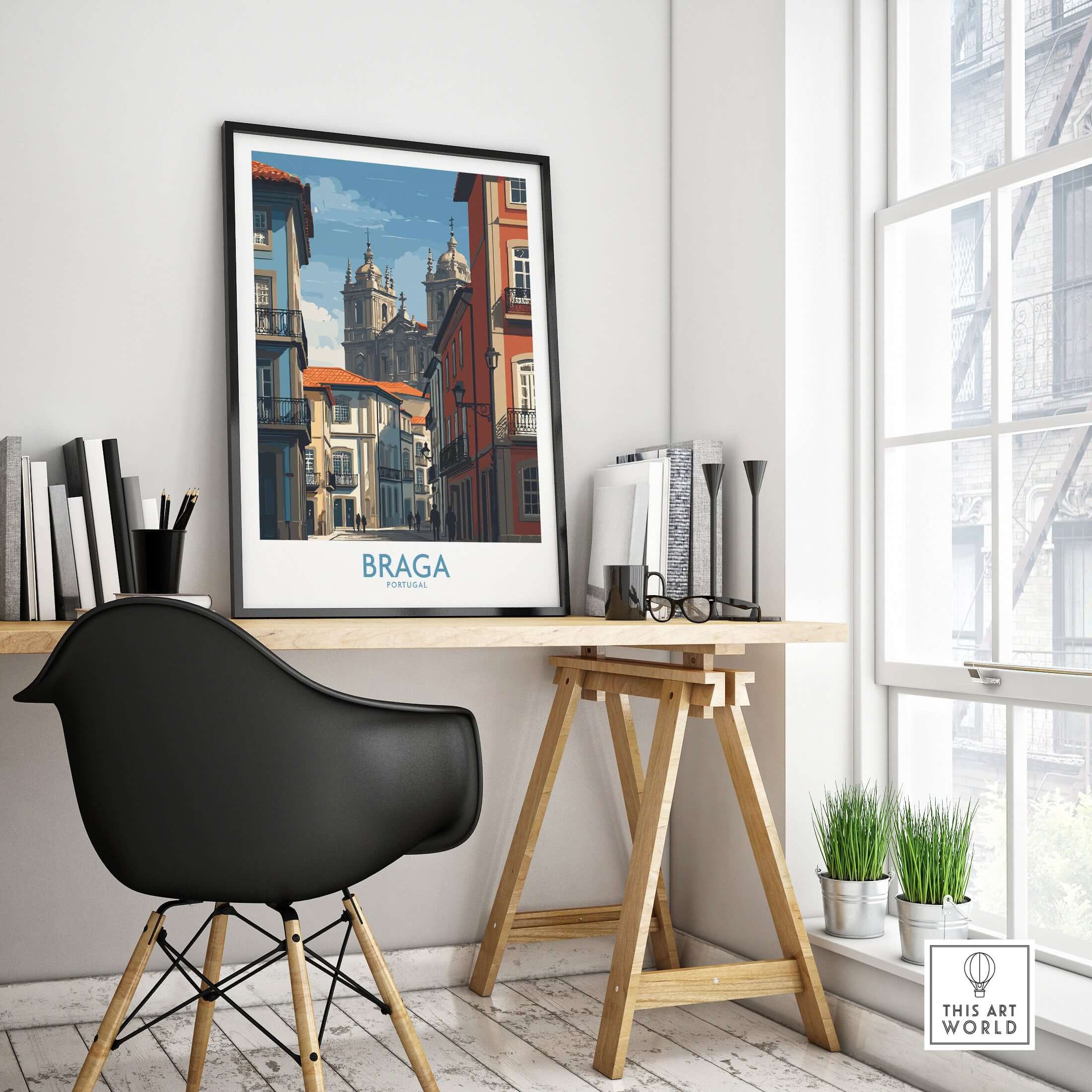 Braga Portugal Cathedral Street View Art Print | Colourful City Poster displayed in a stylish home office setup.