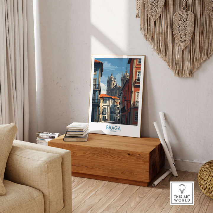 Braga Portugal Cathedral Street View Art Print | Colourful City Poster displayed in a modern living room setting.