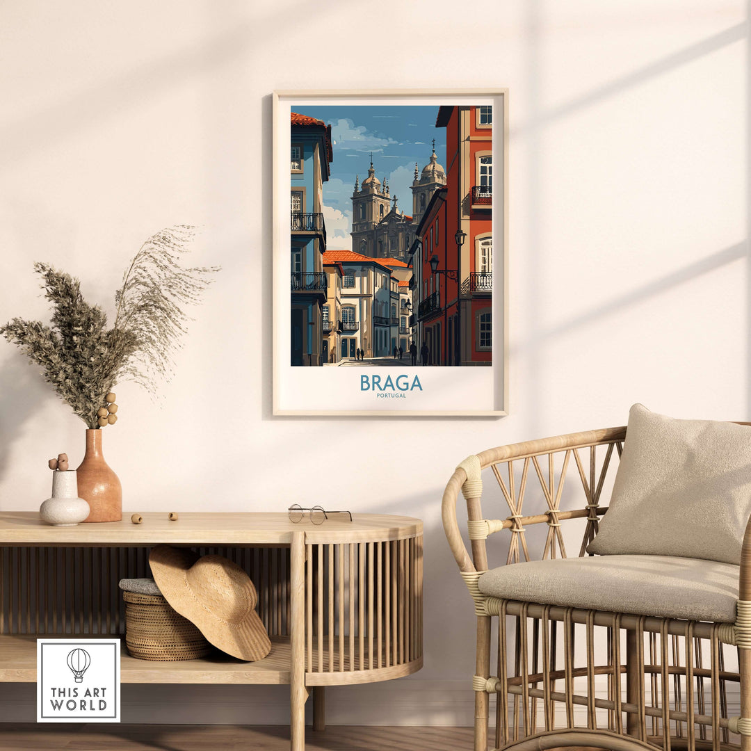 Braga Portugal Cathedral Street View Art Print | Colourful City Poster displayed in modern living room decor.