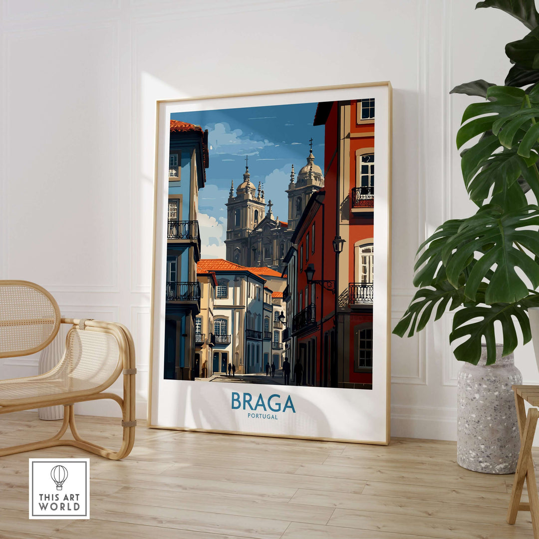 Braga Portugal Cathedral Street View Art Print | Colourful City Poster showcased in a stylish interior setting.