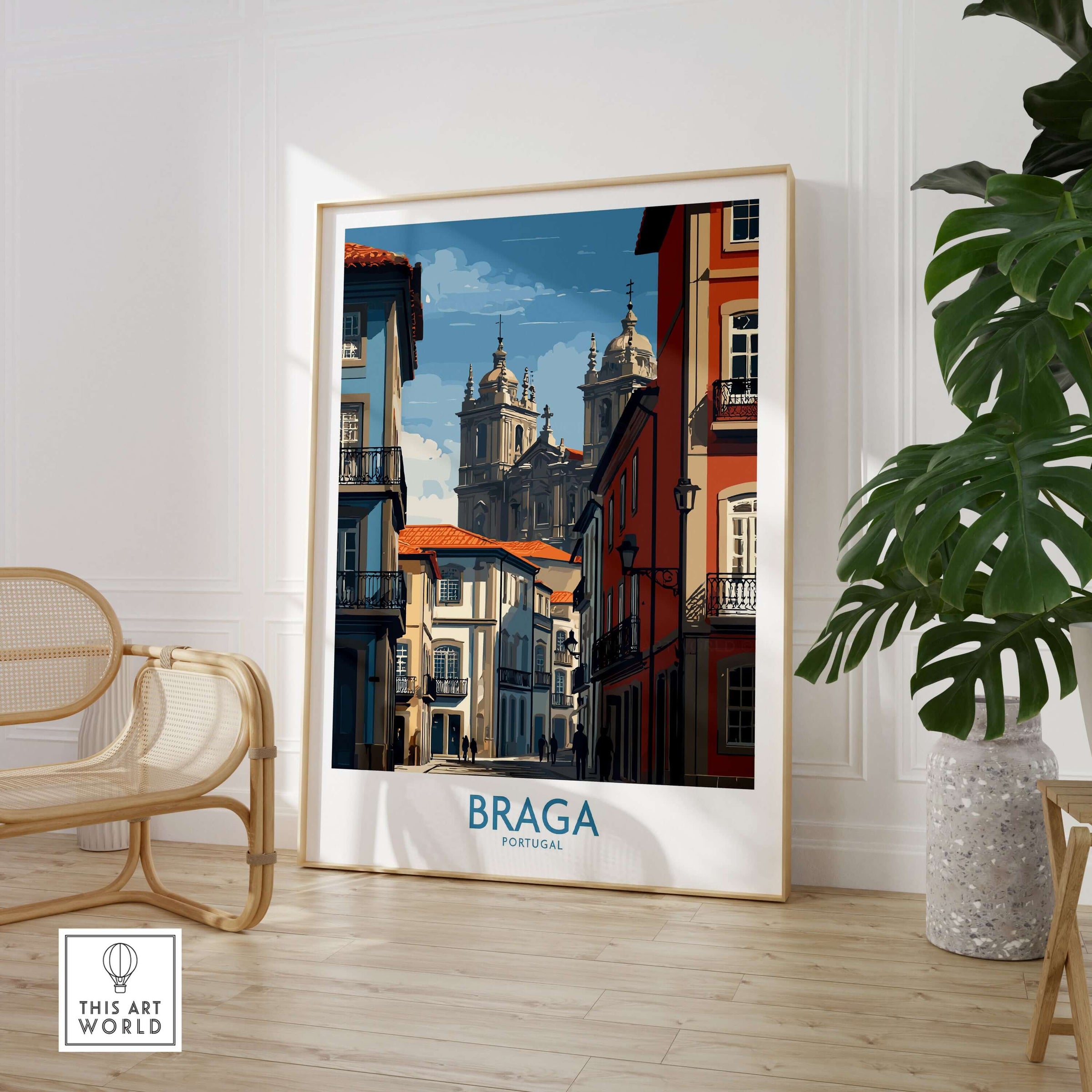 Braga Portugal Cathedral Street View Art Print | Colourful City Poster displayed in a stylish interior setting.