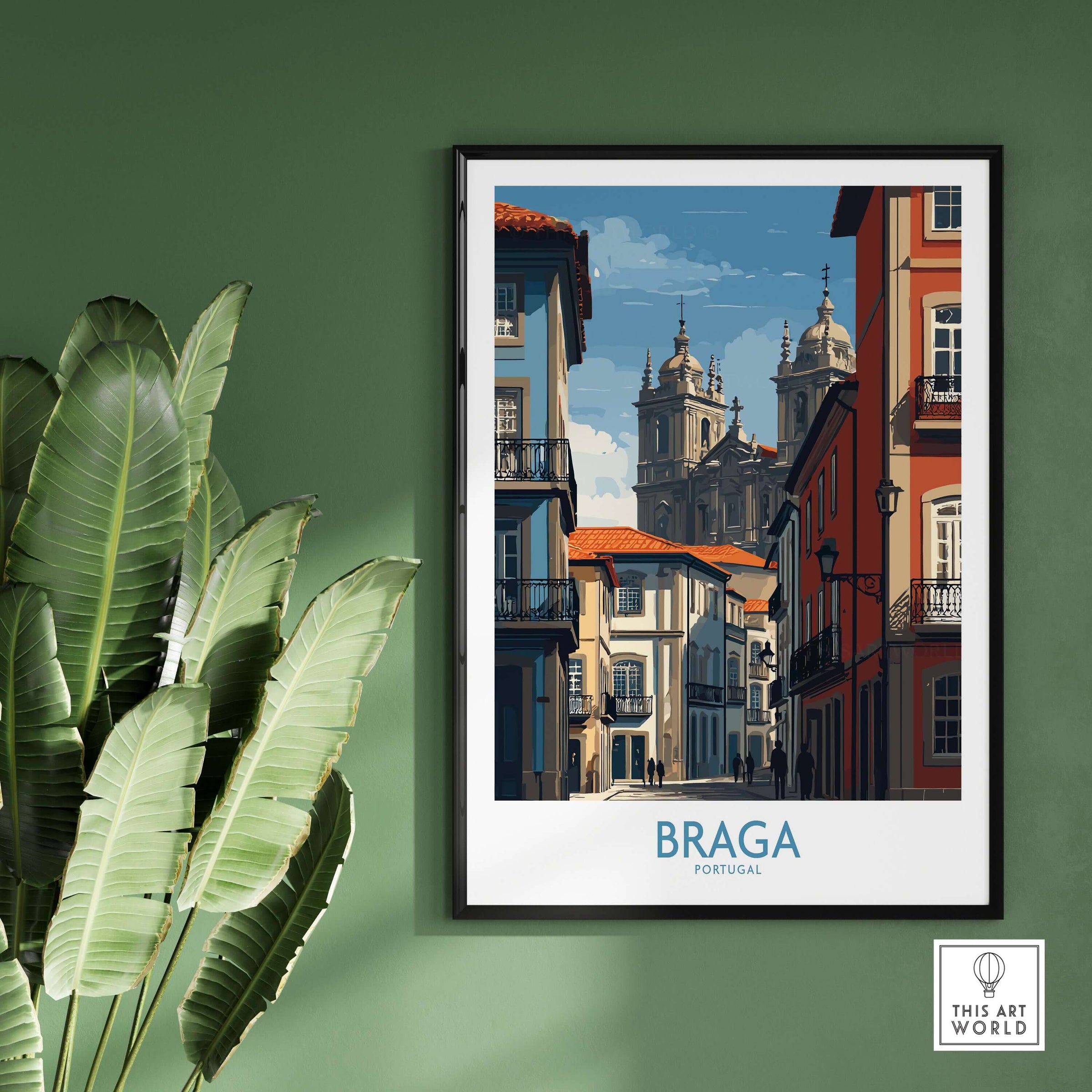 Braga Portugal Cathedral Street View Art Print | Colourful City Poster featuring vibrant streets and the iconic cathedral.