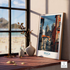 Braga Portugal Cathedral Street View Art Print | Colourful City Poster displayed in a cozy room with beach view.