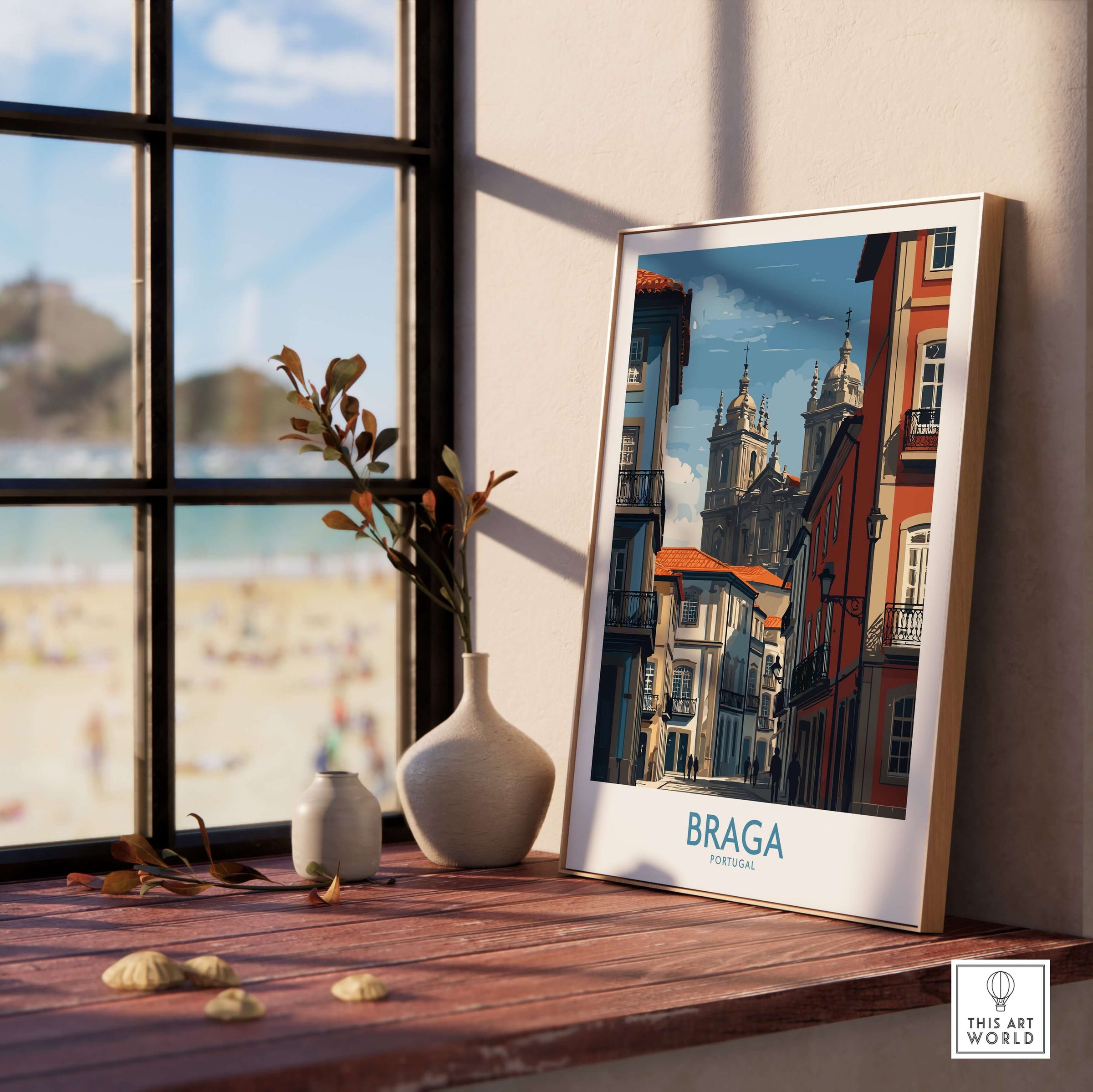 Braga Portugal Cathedral Street View Art Print | Colourful City Poster displayed in a cozy room with beach view.