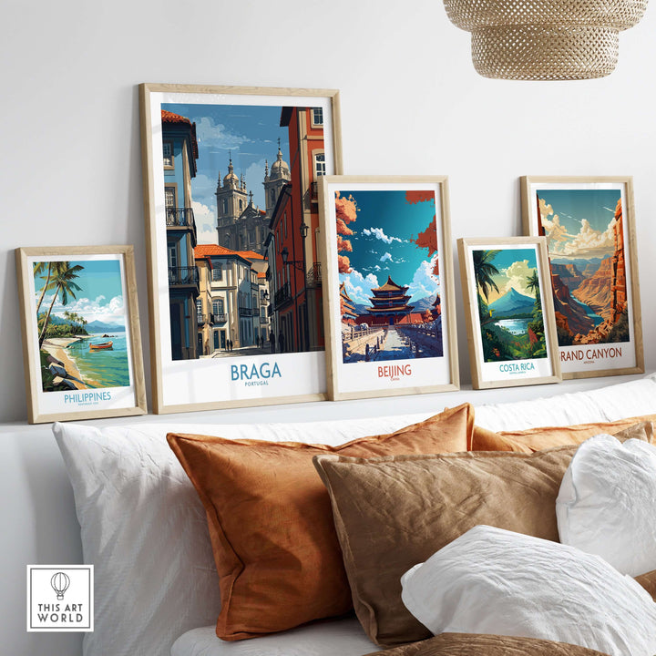 Braga Portugal Cathedral Street View Art Print | Colourful City Poster displayed among other travel art prints.