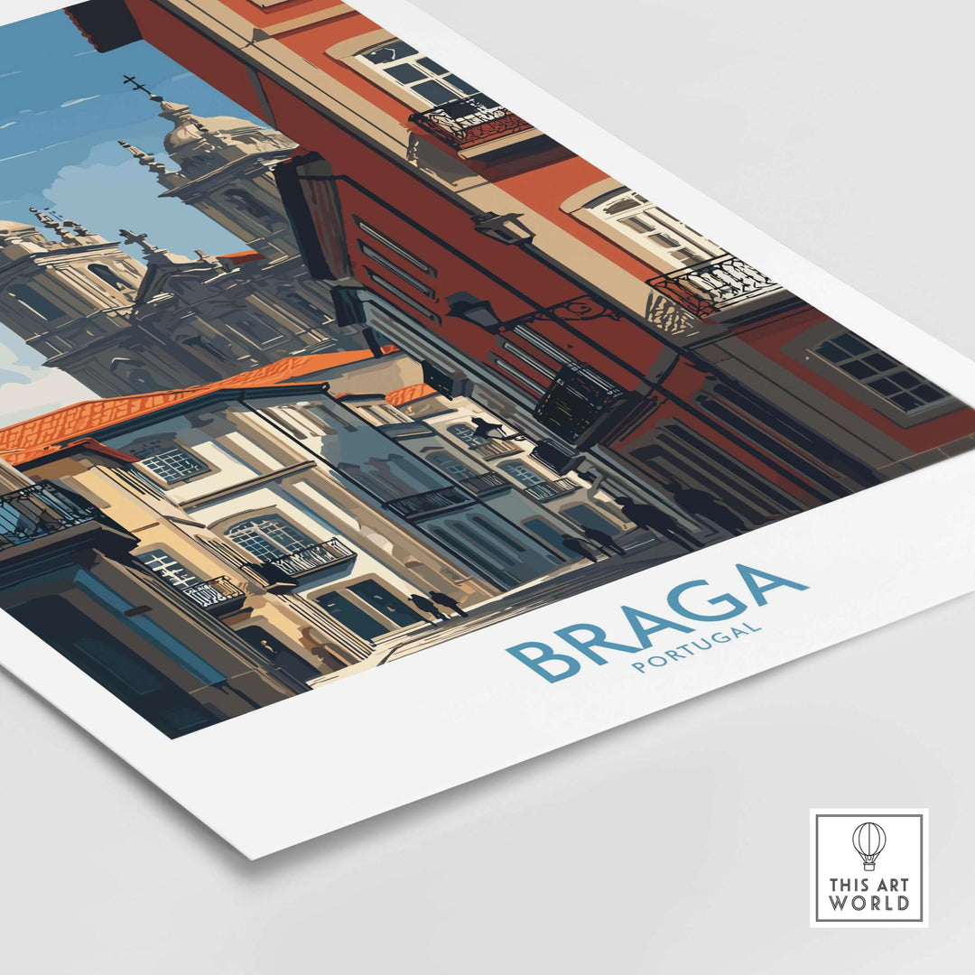 Braga Portugal Cathedral Street View Art Print | Colourful City Poster showcasing vibrant streets and historic architecture.