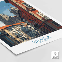 Braga Portugal Cathedral Street View Art Print | Colourful City Poster showcasing vibrant streets and architecture.