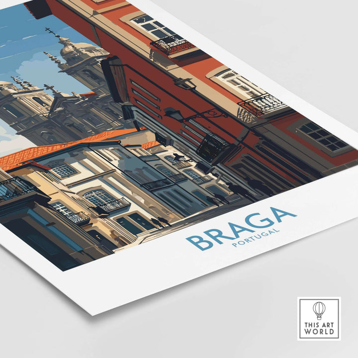 Braga Portugal Cathedral Street View Art Print | Colourful City Poster showcasing vibrant streets and historic architecture.