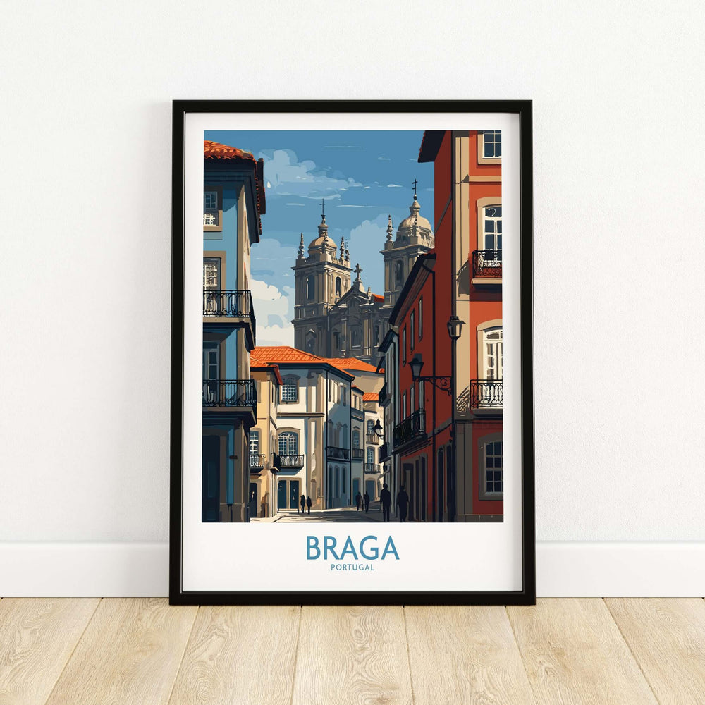 Braga Portugal Cathedral Street View Art Print | Colourful City Poster framed art on a wall showing vibrant streets and architecture.