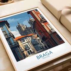 Braga Portugal Cathedral Street View Art Print | Colourful City Poster in a stylish frame on a table.