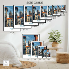 Braga Portugal Cathedral Street View Art Print | Colourful City Poster size guide with different frame options.