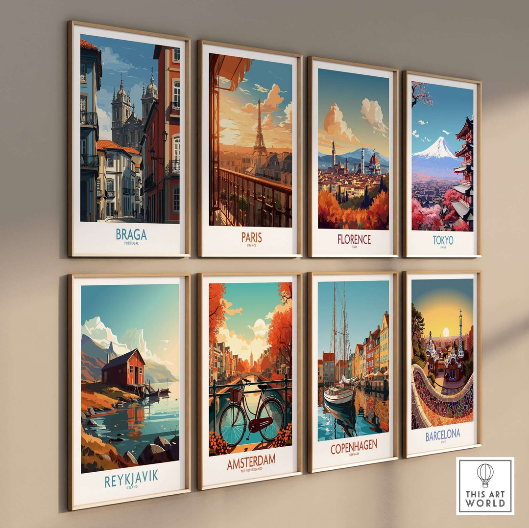 Braga Portugal Cathedral Street View Art Print | Colourful City Poster showcased among famous city art prints on a wall.