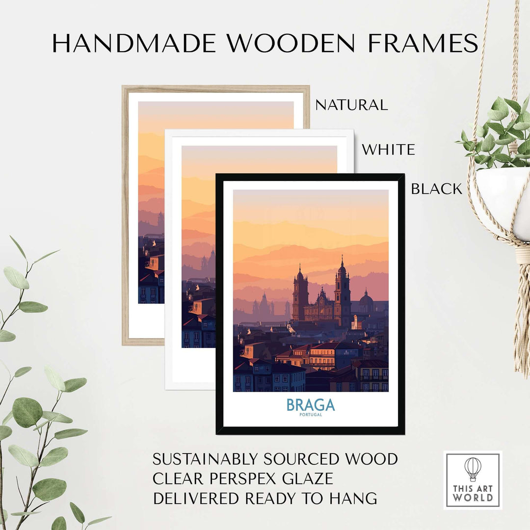 Braga Portugal City Sunset Skyline Art Print | Urban Travel Poster showcased in handmade wooden frames, natural, white, and black.