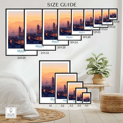 Braga Portugal City Sunset Skyline Art Print | Urban Travel Poster size guide showcasing various frame sizes in a stylish interior.