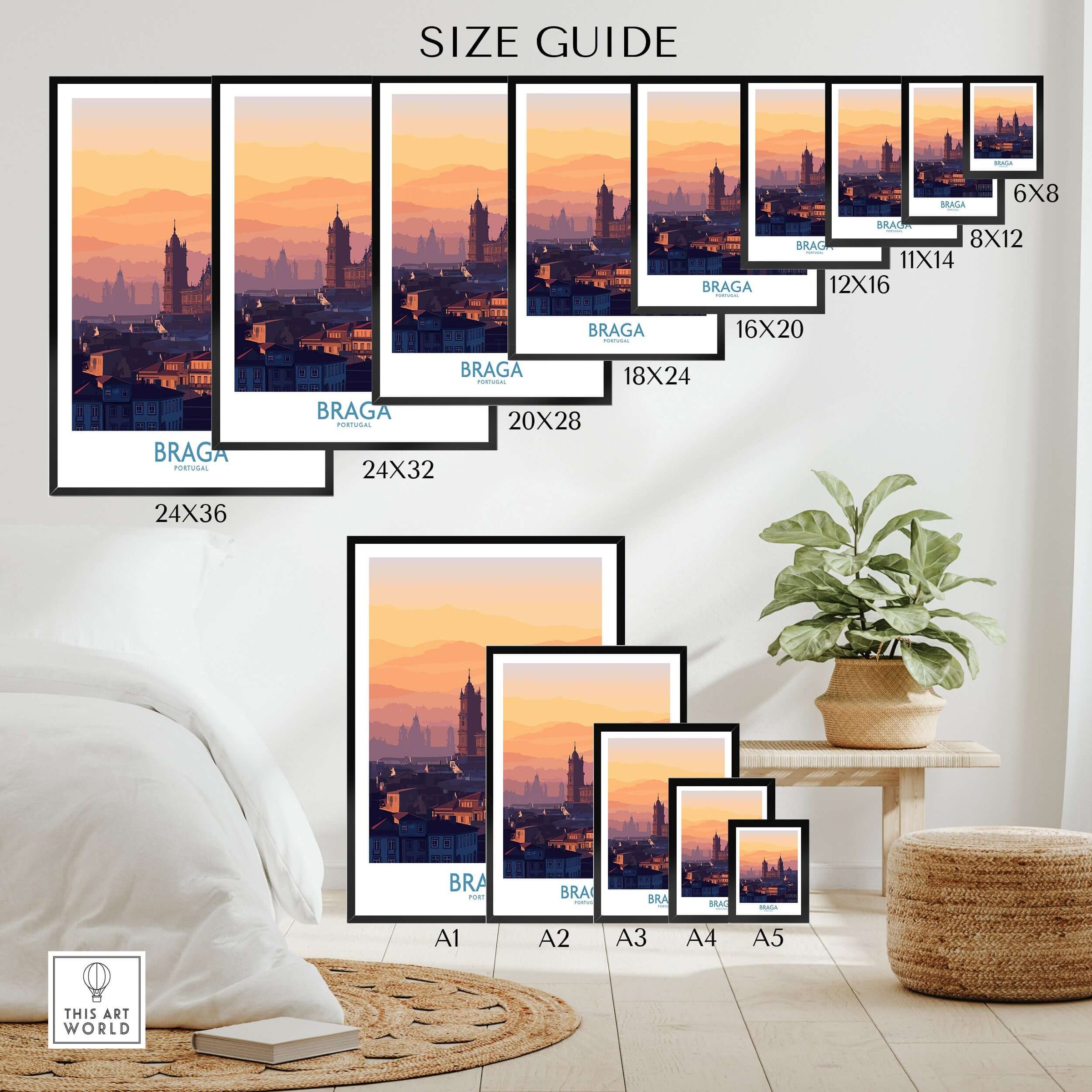 Braga Portugal City Sunset Skyline Art Print | Urban Travel Poster size guide showcasing various frame sizes in a stylish interior.