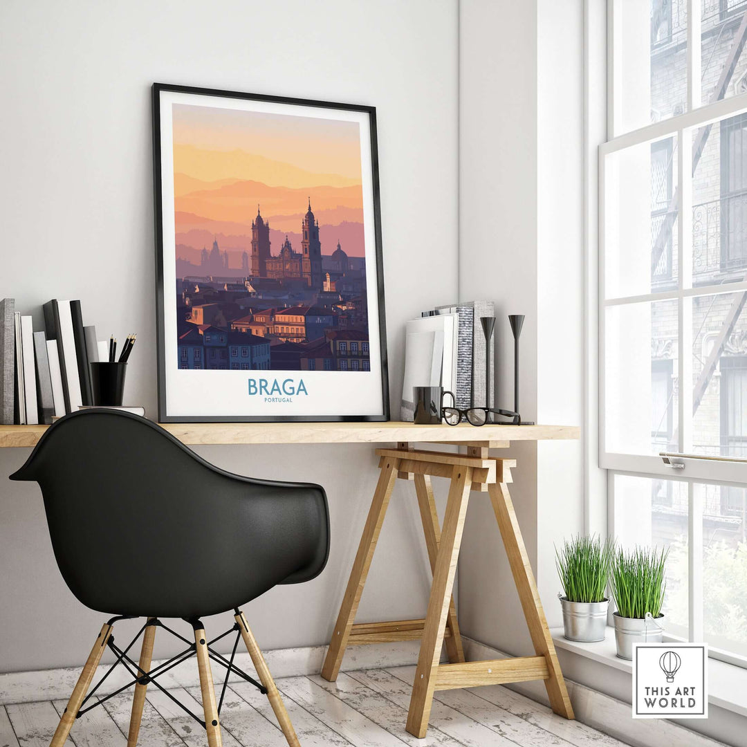 Braga Portugal City Sunset Skyline Art Print | Urban Travel Poster in modern workspace with chair and desk.