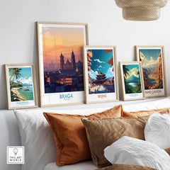 Braga Portugal City Sunset Skyline Art Print | Urban Travel Poster displayed among other travel art prints on a cozy couch.