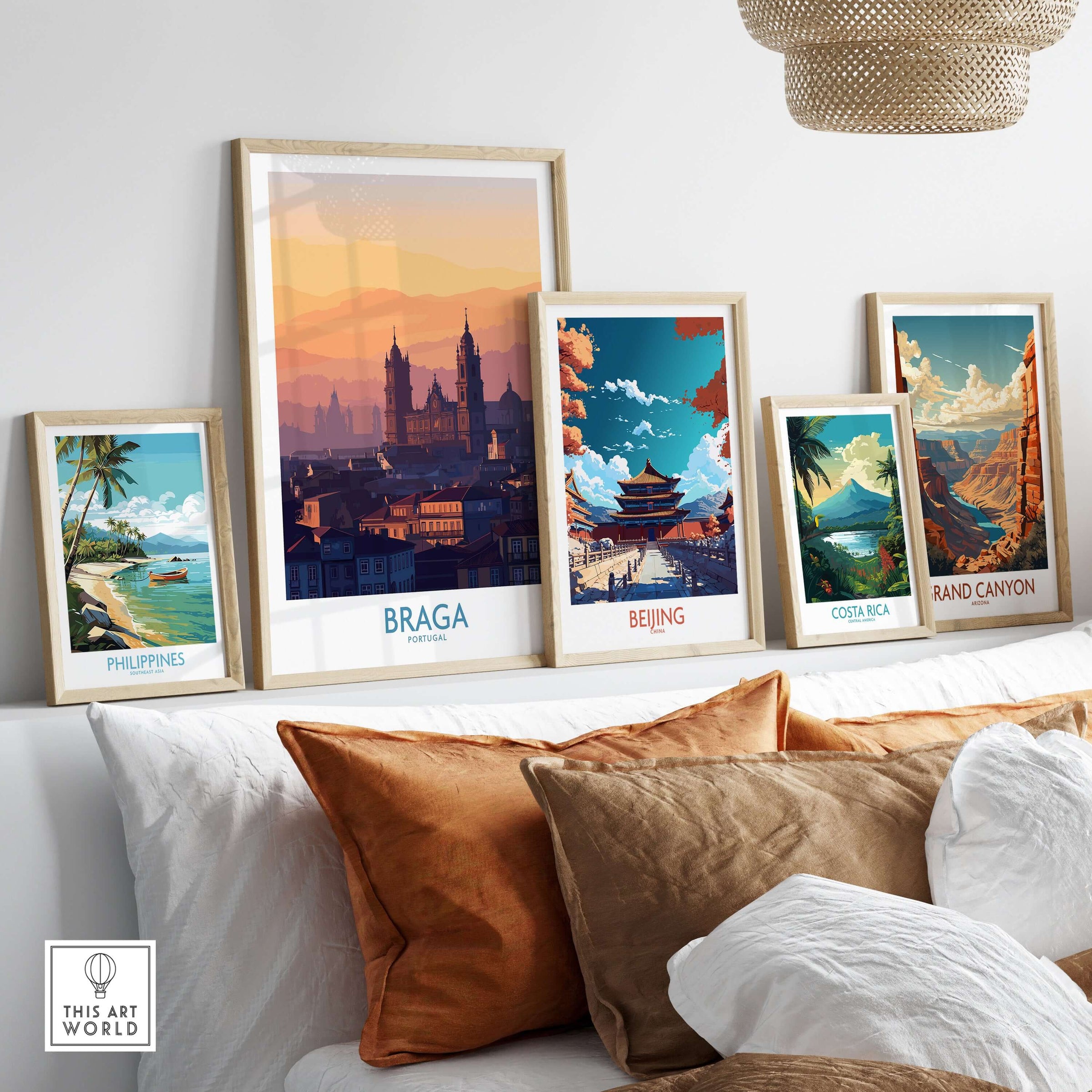 Braga Portugal City Sunset Skyline Art Print | Urban Travel Poster displayed among other travel art prints on a cozy couch.