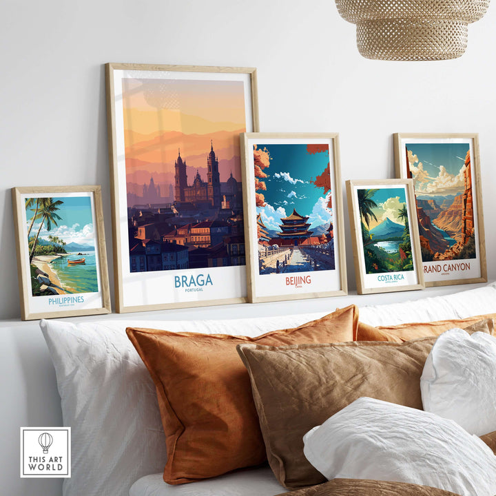 Braga Portugal City Sunset Skyline Art Print | Urban Travel Poster displayed among other art prints in a modern living space