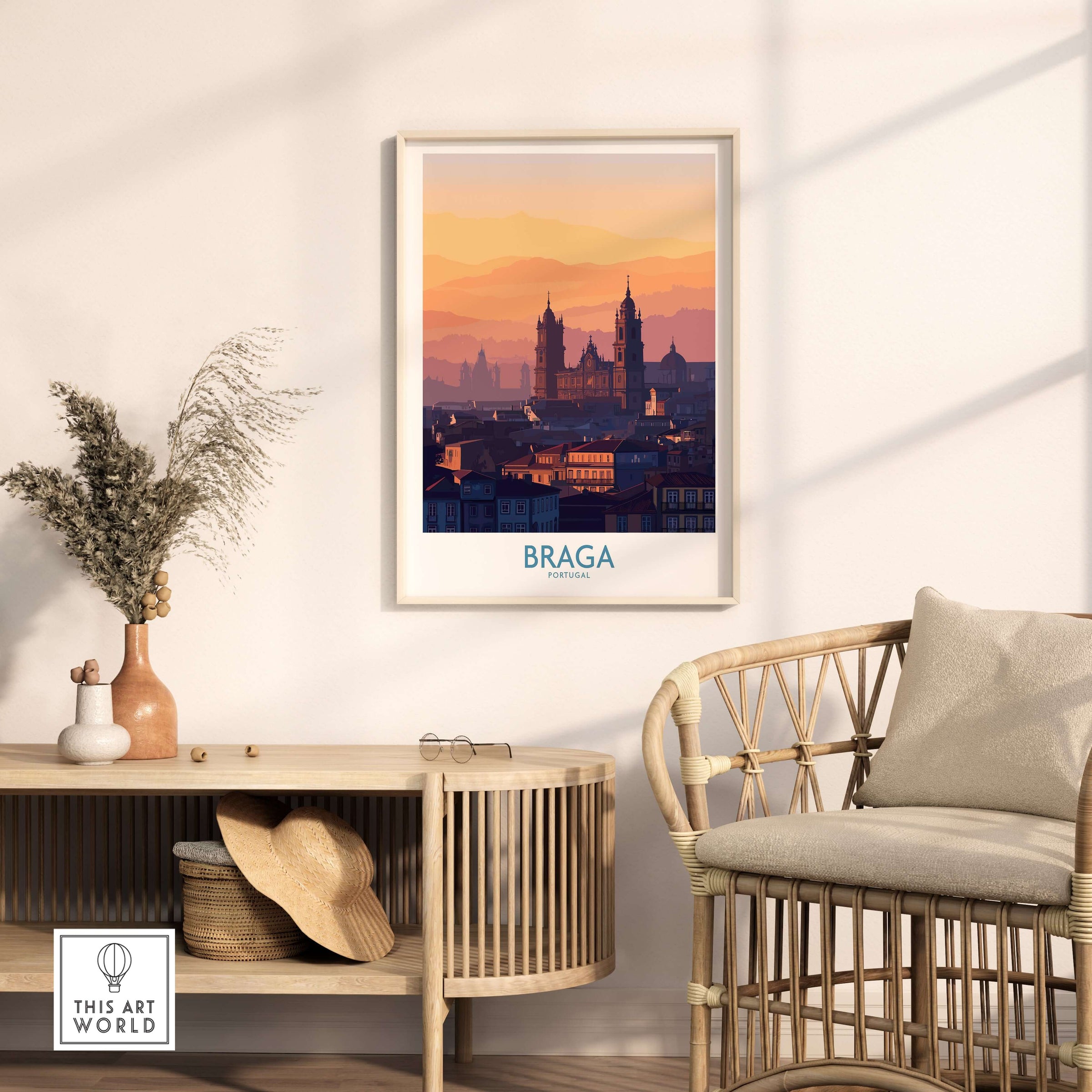 Braga Portugal City Sunset Skyline Art Print | Urban Travel Poster framed on wall in a modern living room setting.