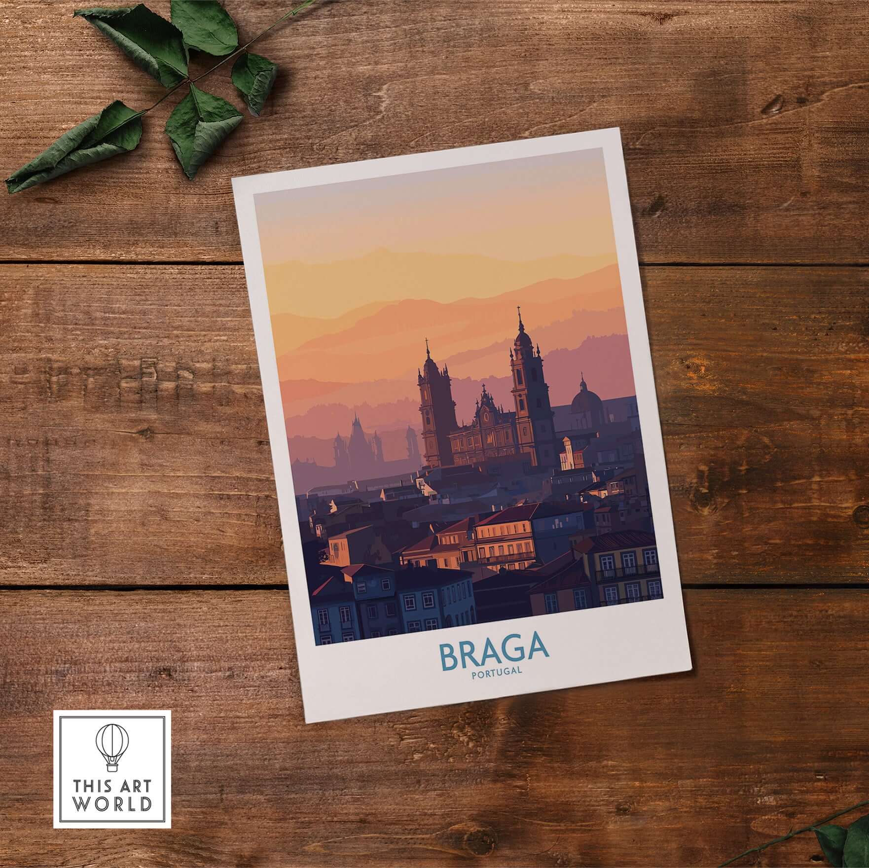 Braga Portugal City Sunset Skyline Art Print | Urban Travel Poster displayed on wooden surface.