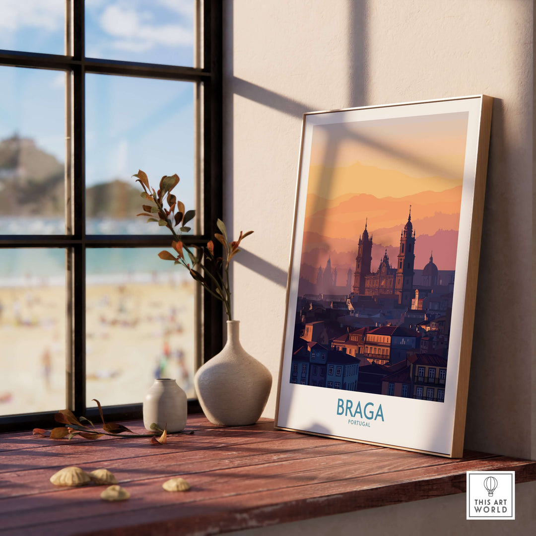 Braga Portugal City Sunset Skyline Art Print | Urban Travel Poster displayed in a cozy interior by the window.