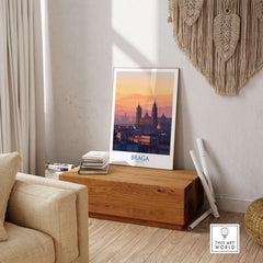 Braga Portugal City Sunset Skyline Art Print | Urban Travel Poster displayed in a cozy living room setting.
