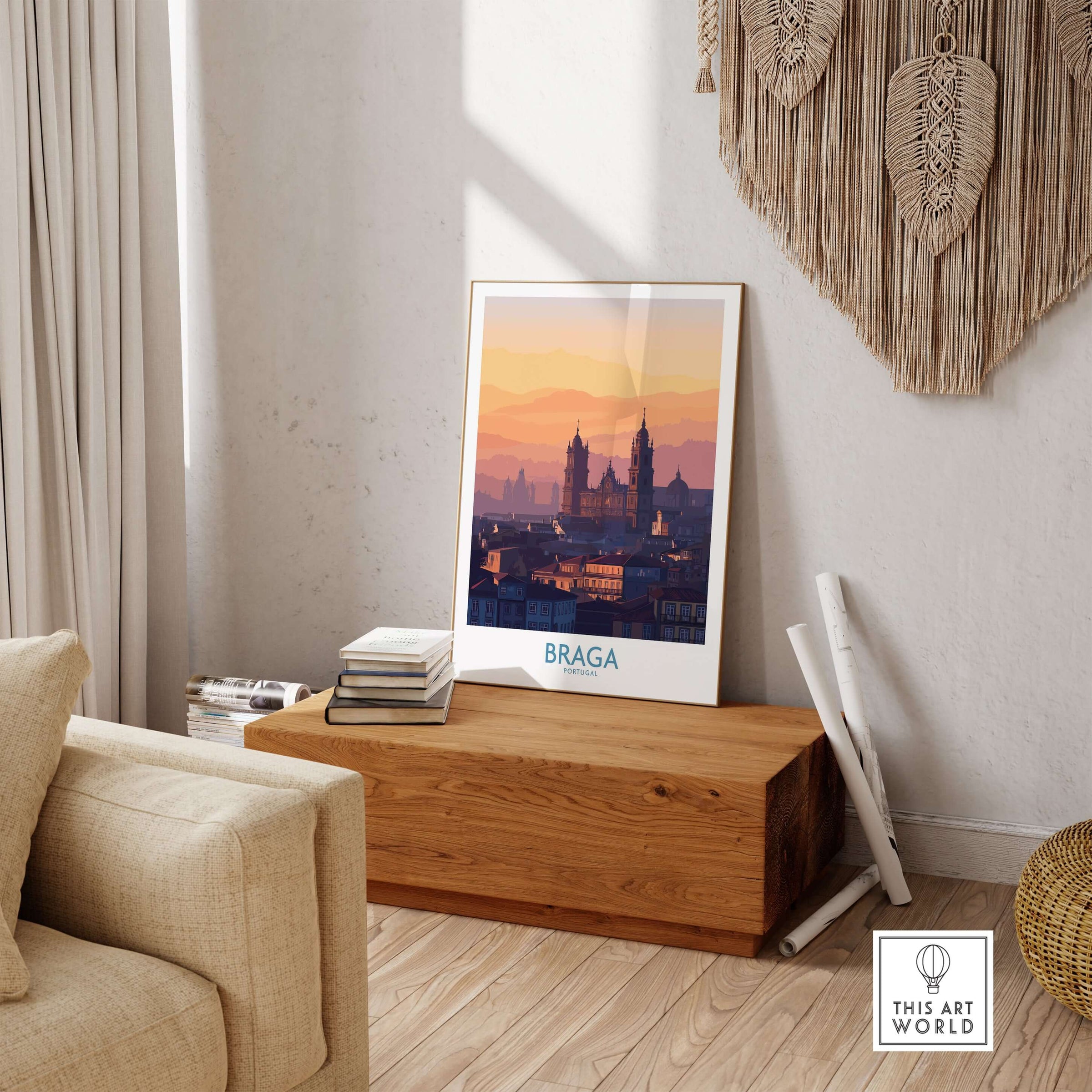Braga Portugal City Sunset Skyline Art Print | Urban Travel Poster displayed in a cozy living room setting.