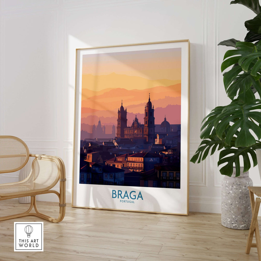 Braga Portugal City Sunset Skyline Art Print | Urban Travel Poster displayed in a modern interior setting.