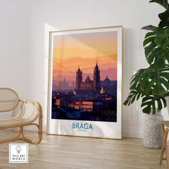Braga Portugal City Sunset Skyline Art Print | Urban Travel Poster framed in a cozy interior setting.