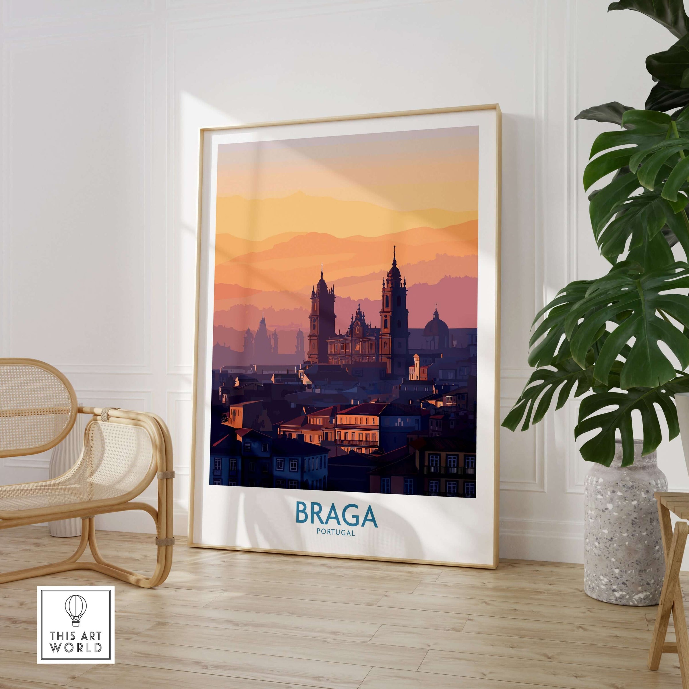 Braga Portugal City Sunset Skyline Art Print | Urban Travel Poster framed in a cozy interior setting.
