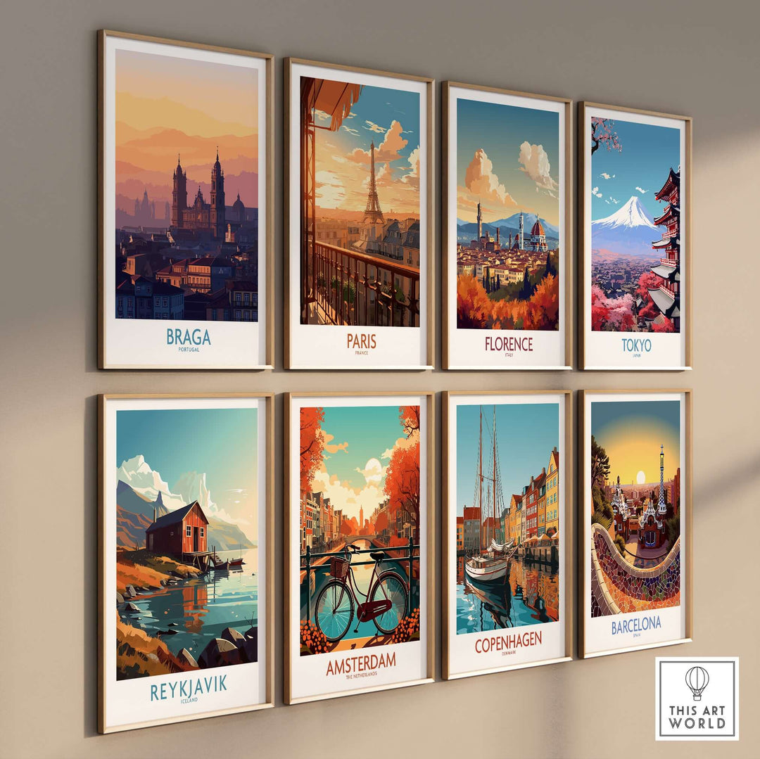Braga Portugal City Sunset Skyline Art Print | Urban Travel Poster displayed alongside other city posters on a wall.