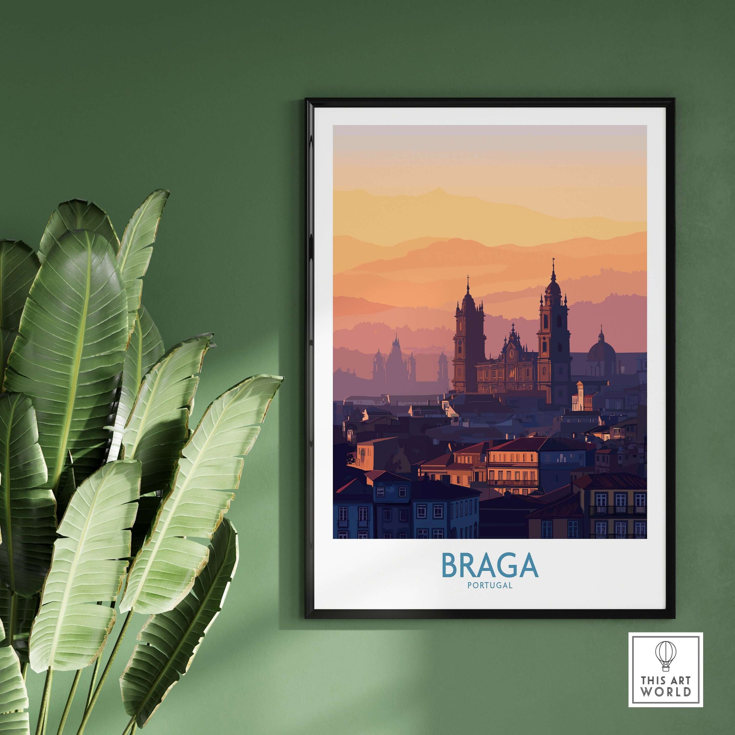 Braga Portugal City Sunset Skyline Art Print | Urban Travel Poster displayed in a stylish frame against a green wall.