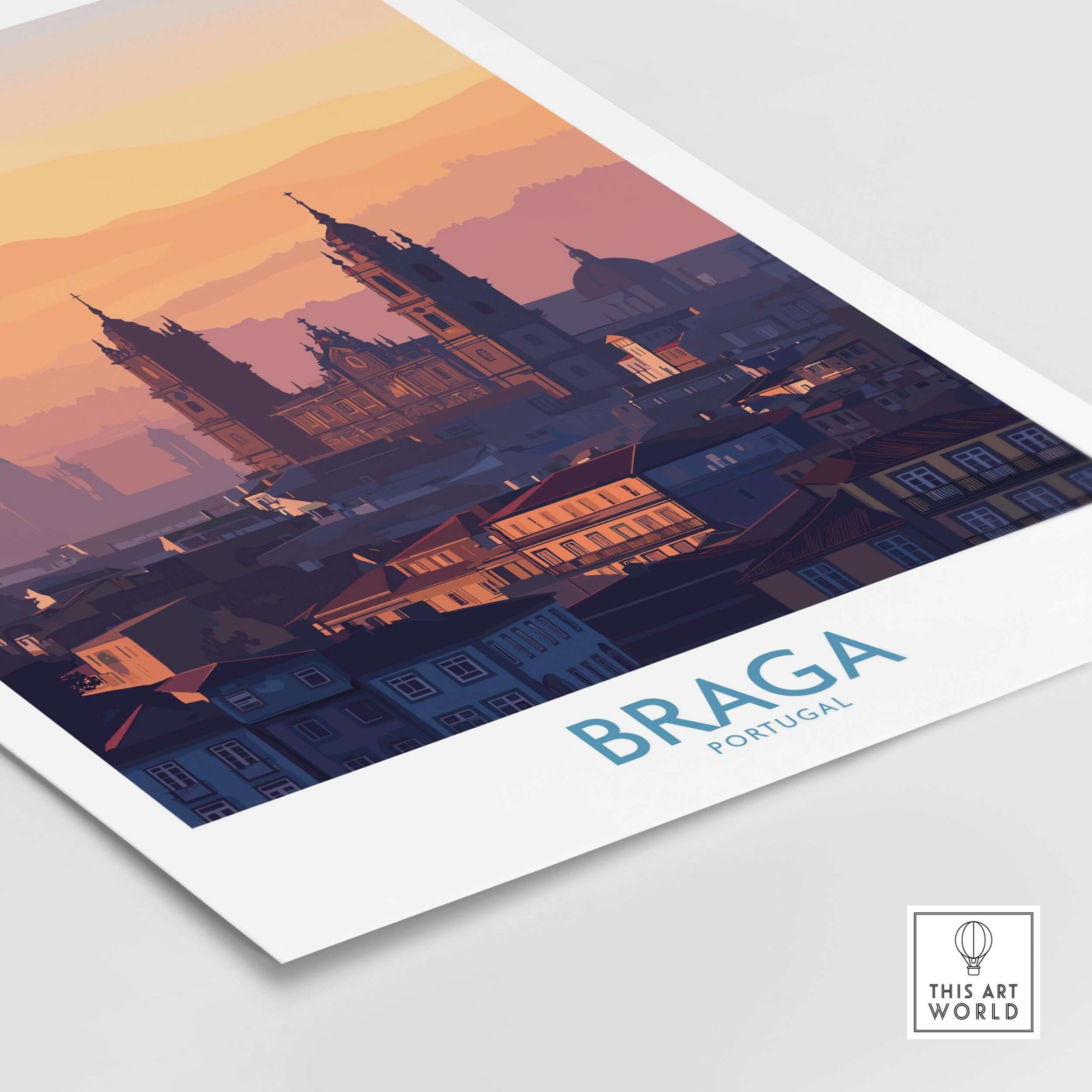 Braga Portugal City Sunset Skyline Art Print | Urban Travel Poster showcasing the beautiful skyline at sunset.