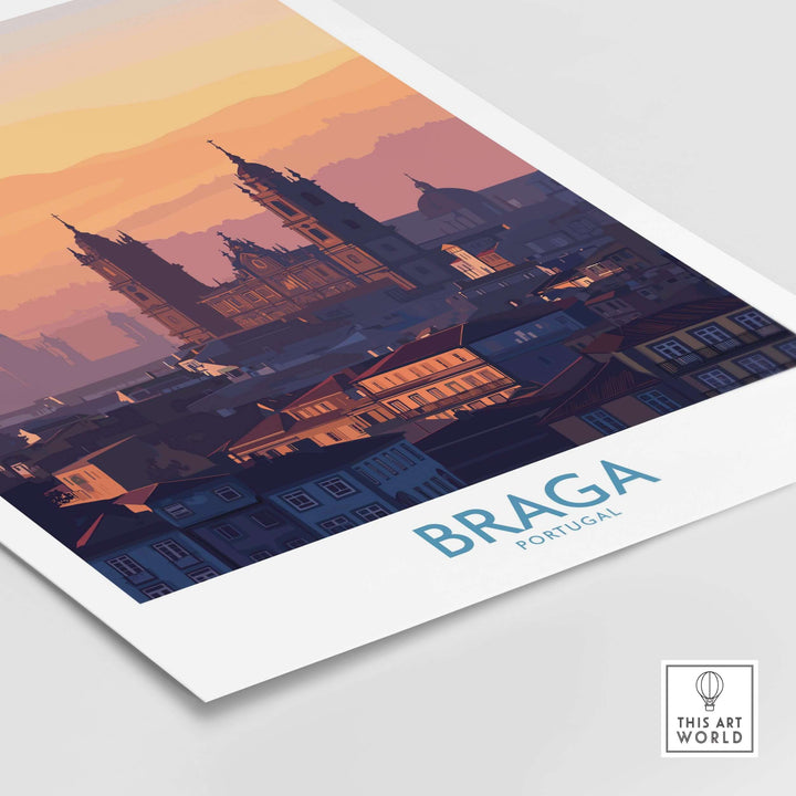 Braga Portugal City Sunset Skyline Art Print | Urban Travel Poster showcasing vibrant sunset over Braga's skyline.
