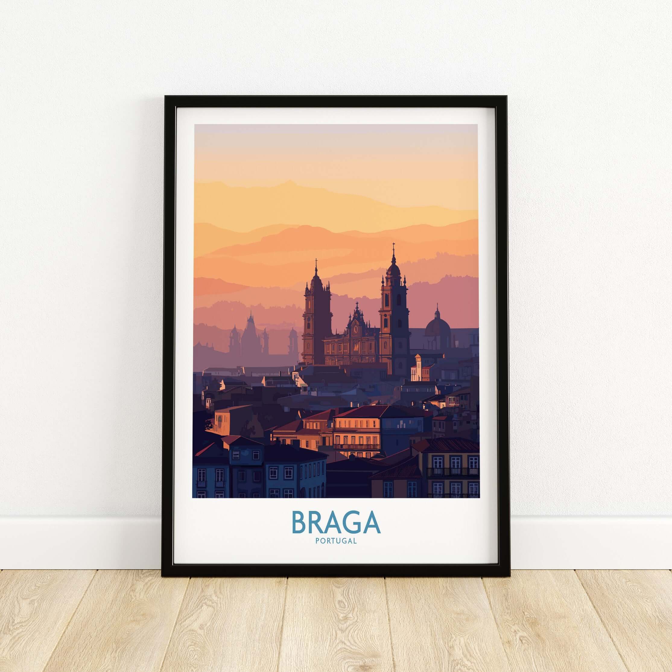 Braga Portugal City Sunset Skyline Art Print | Urban Travel Poster showcasing a warm sunset over Braga's skyline.