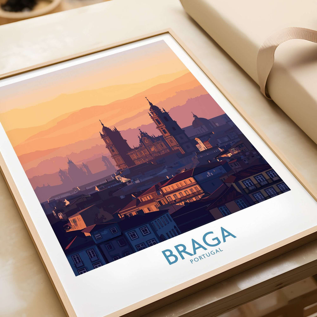 Braga Portugal City Sunset Skyline Art Print | Urban Travel Poster showcasing urban charm and sunset hues.