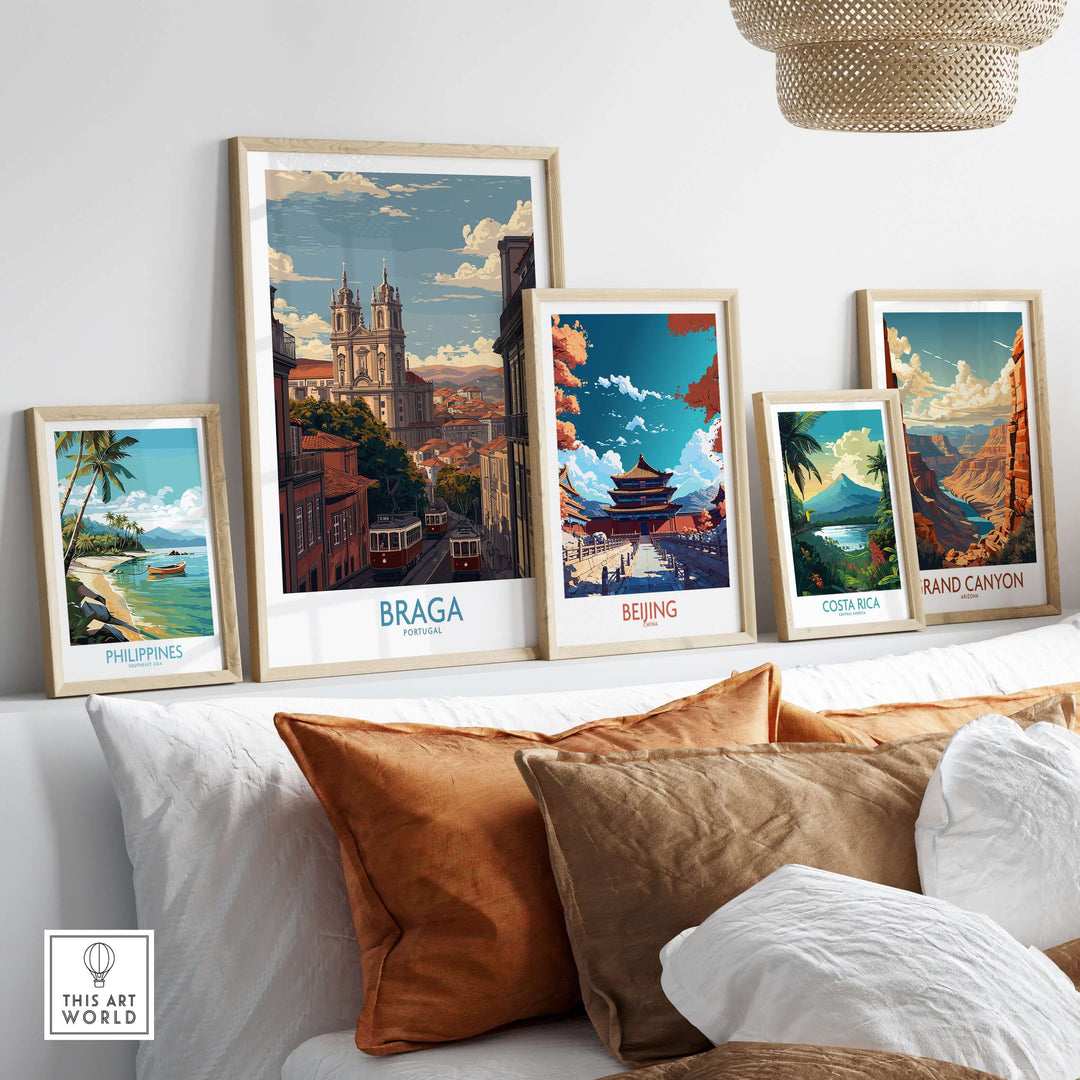 Braga Portugal Trams and Basilica Art Print | Historic City Poster displayed among other travel art prints.