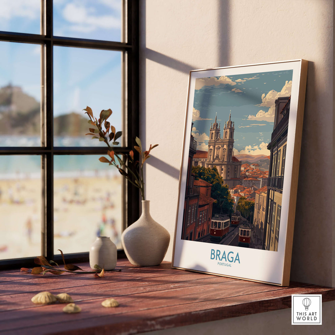 Braga Portugal Trams and Basilica Art Print | Historic City Poster displayed in a cozy interior setting with a beach view.