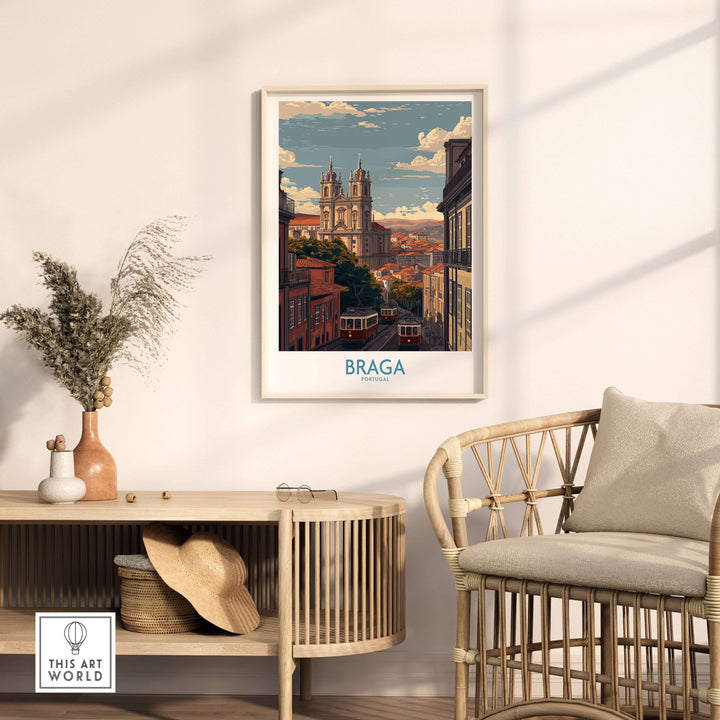 Braga Portugal Trams and Basilica Art Print | Historic City Poster displayed in a cozy living room setting.