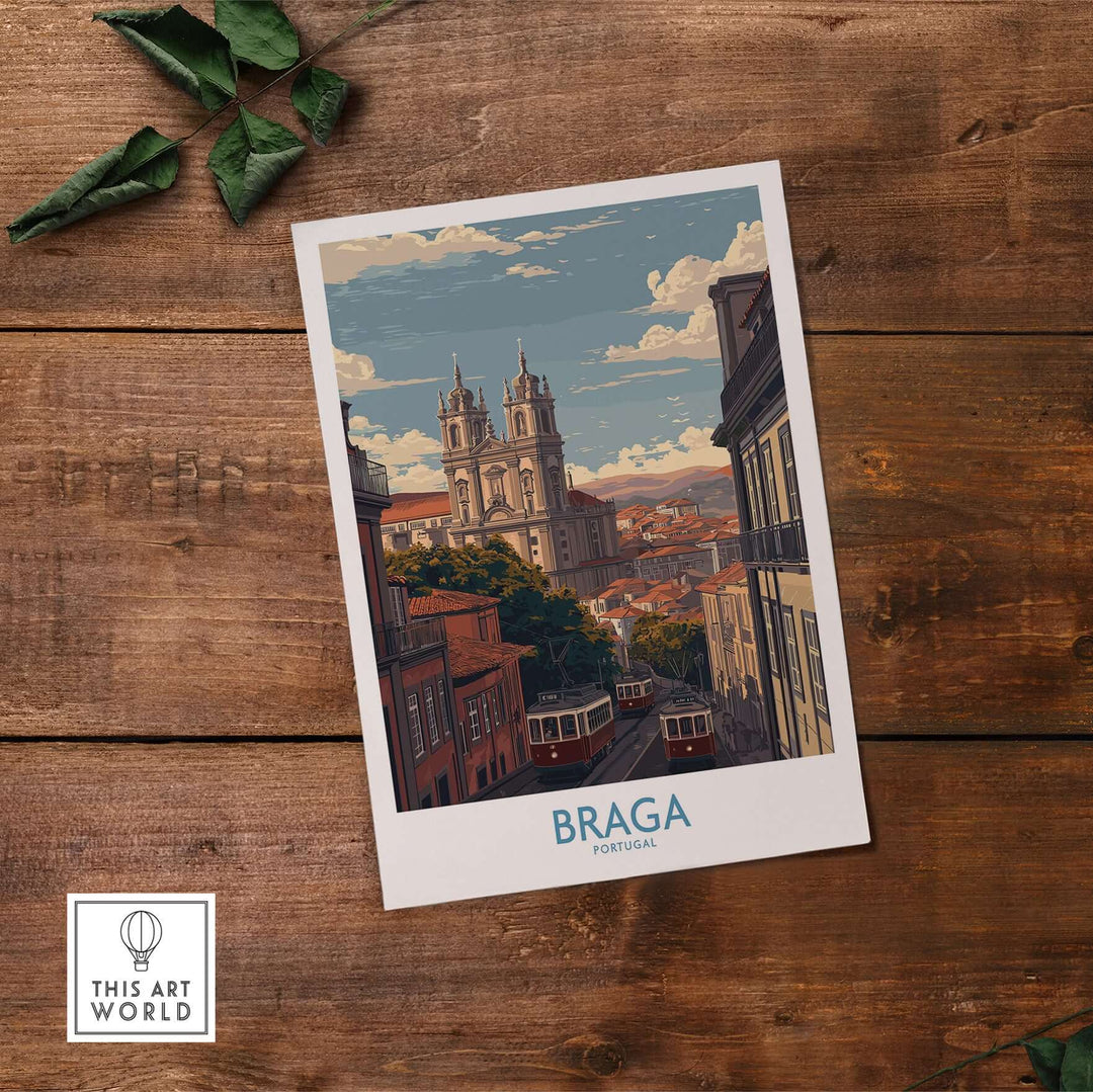 Braga Portugal Trams and Basilica Art Print | Historic City Poster showcasing Braga's iconic architecture and trams.