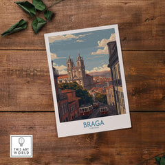 Braga Portugal Trams and Basilica Art Print | Historic City Poster showcasing iconic trams and majestic basilica.